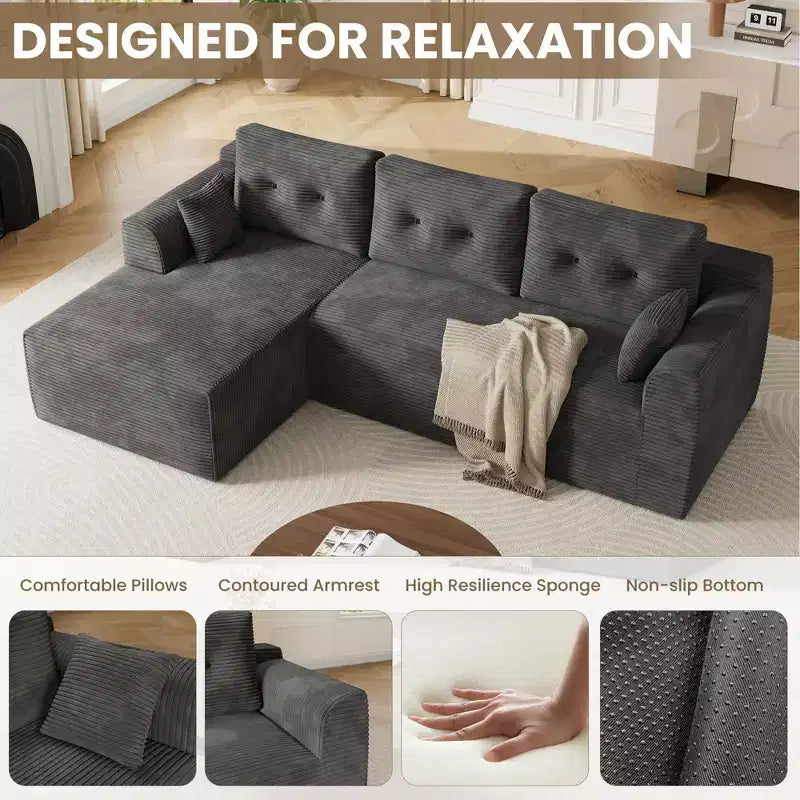 Canapé modulable en forme de L gris foncé avec assise profonde et méridienne surdimensionnée, aucun assemblage requis, rembourrage moelleux pour salon