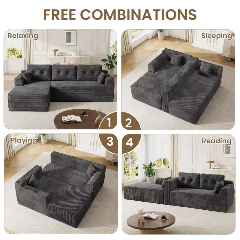 Canapé modulable en forme de L gris foncé avec assise profonde et méridienne surdimensionnée, aucun assemblage requis, rembourrage moelleux pour salon