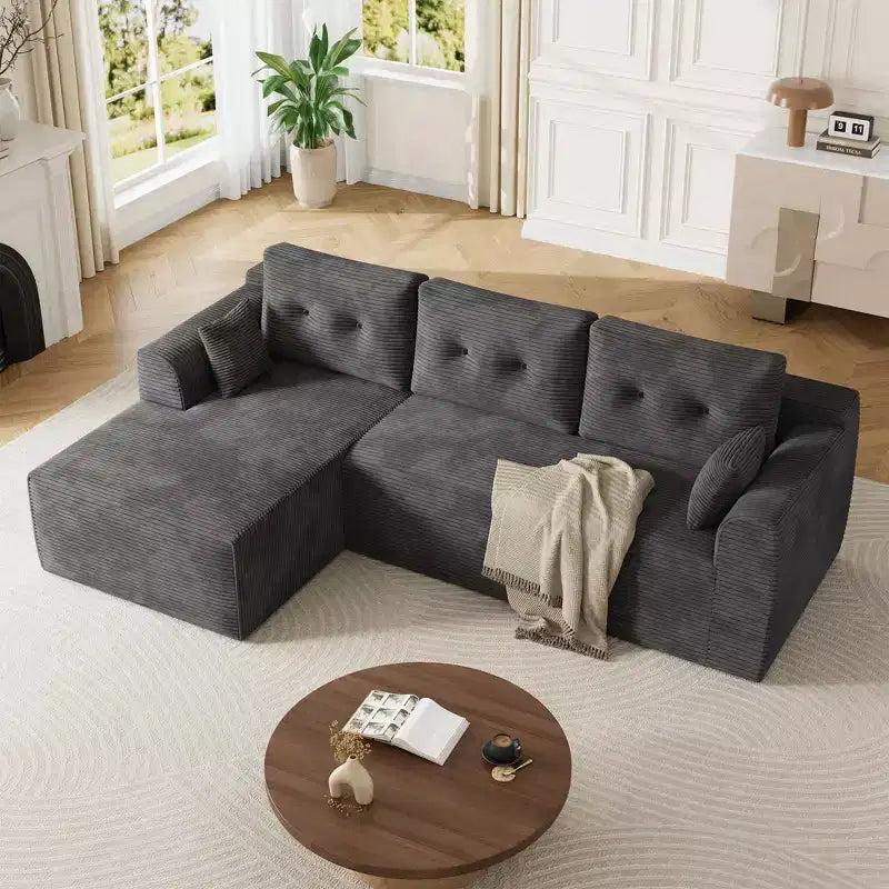Canapé modulable en forme de L gris foncé avec assise profonde et méridienne surdimensionnée, aucun assemblage requis, rembourrage moelleux pour salon