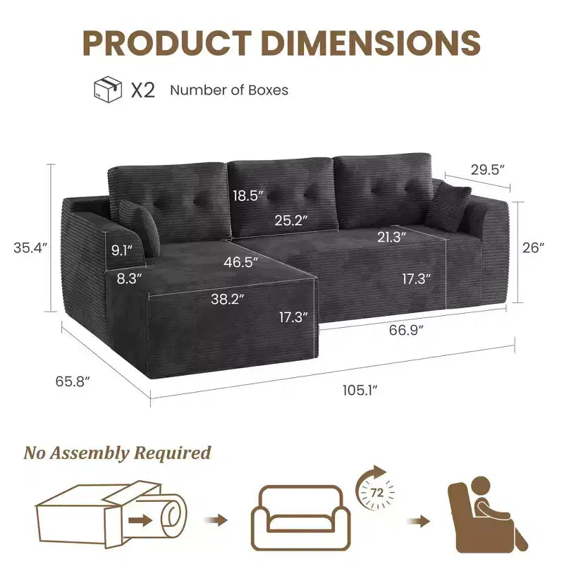 Canapé modulable en forme de L gris foncé avec assise profonde et méridienne surdimensionnée, aucun assemblage requis, rembourrage moelleux pour salon