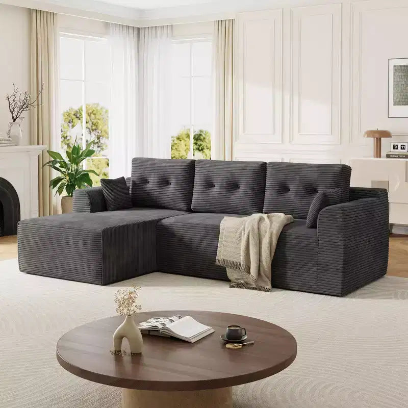 Canapé modulable en forme de L gris foncé avec assise profonde et méridienne surdimensionnée, aucun assemblage requis, rembourrage moelleux pour salon