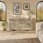 Commode à 9 tiroirs pour chambre à coucher, commode haute en bois de style ferme de 59 pouces, commode longue moderne, meuble de rangement en bois avec poignées pour salon