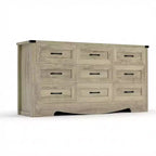 Commode à 9 tiroirs pour chambre à coucher, commode haute en bois de style ferme de 59 pouces, commode longue moderne, meuble de rangement en bois avec poignées pour salon
