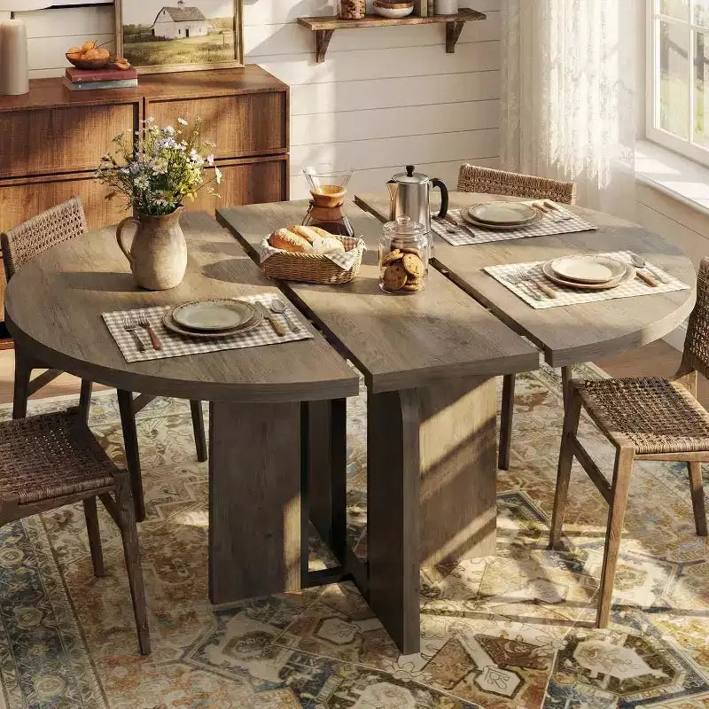 Table à manger ronde extensible 47-63 pour 4-8 personnes, table de cuisine en bois de style rustique avec pieds plus larges et support métallique pour appartements