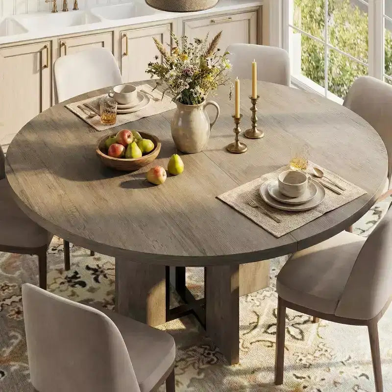 Table à manger ronde extensible 47-63 pour 4-8 personnes, table de cuisine en bois de style rustique avec pieds plus larges et support métallique pour appartements