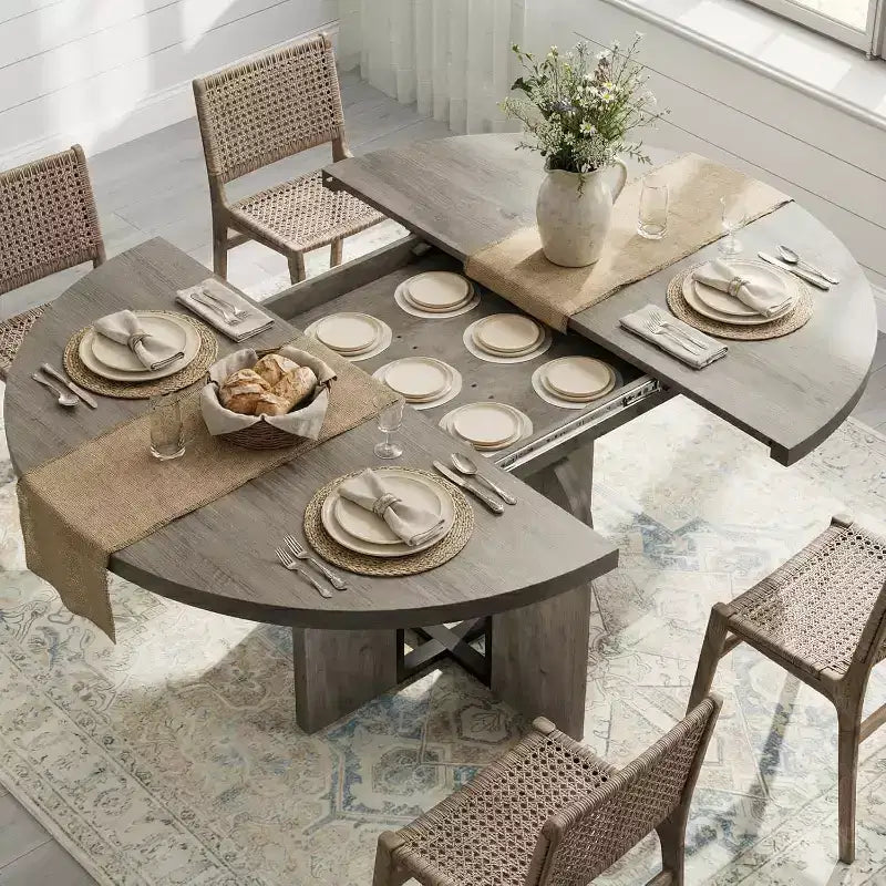 Table à manger ronde extensible 47-63 pour 4-8 personnes, table de cuisine en bois de style rustique avec pieds plus larges et support métallique pour appartements