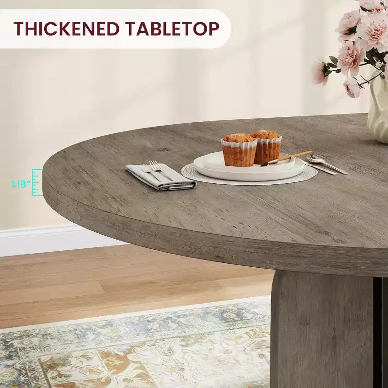 Table à manger ronde extensible 47-63 pour 4-8 personnes, table de cuisine en bois de style rustique avec pieds plus larges et support métallique pour appartements