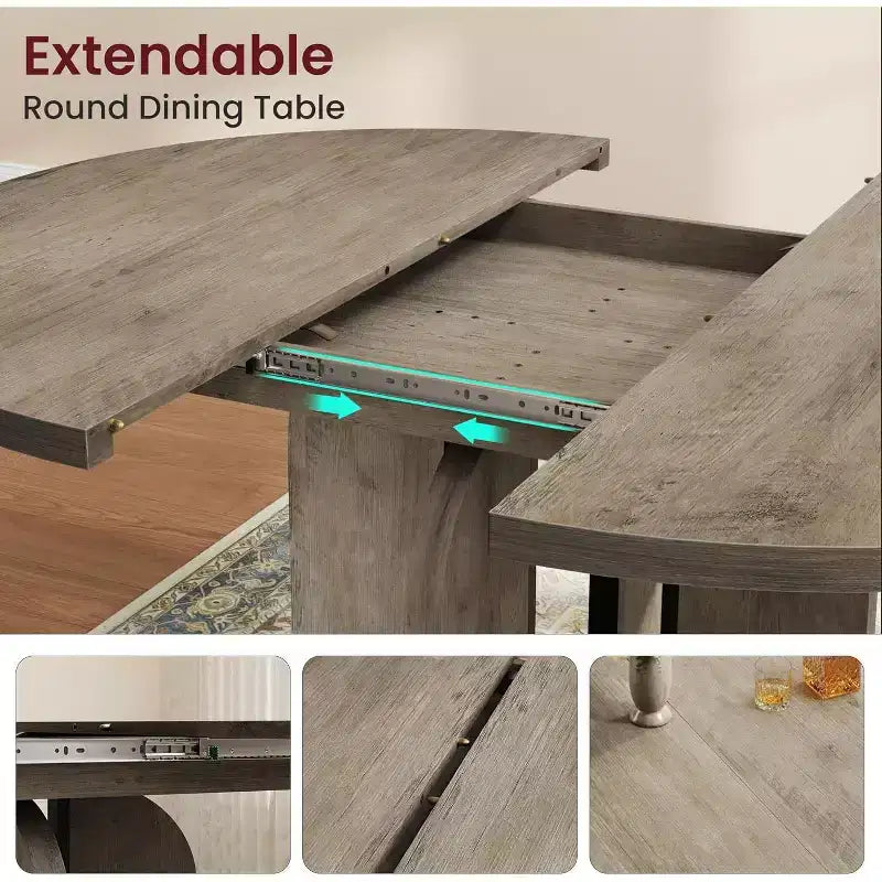 Table à manger ronde extensible 47-63 pour 4-8 personnes, table de cuisine en bois de style rustique avec pieds plus larges et support métallique pour appartements