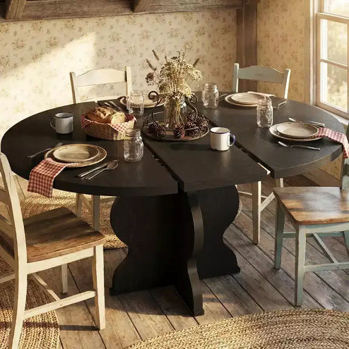 Table à manger ronde extensible 47-63 pour 4-8 personnes, table de cuisine en bois de style rustique avec pieds plus larges et support métallique pour appartements