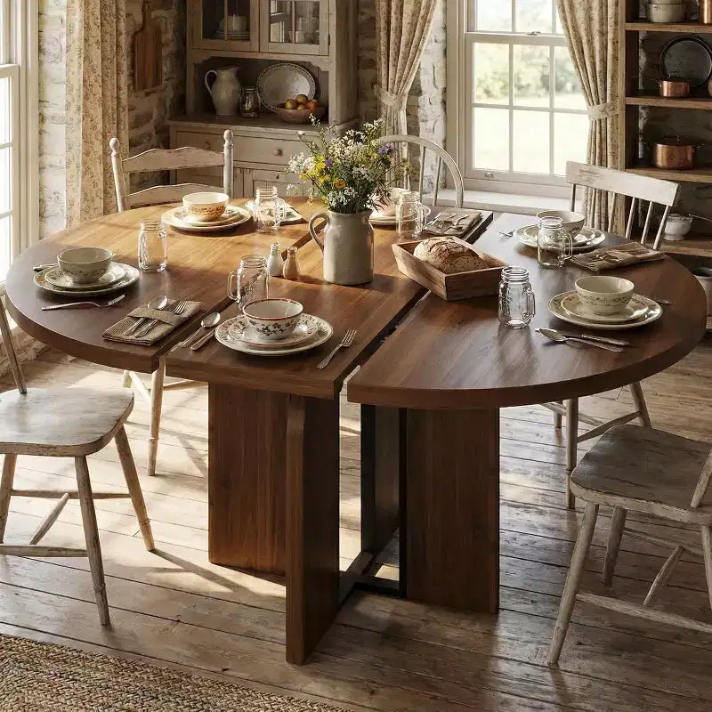 Table à manger ronde extensible 47-63 pour 4-8 personnes, table de cuisine en bois de style rustique avec pieds plus larges et support métallique pour appartements