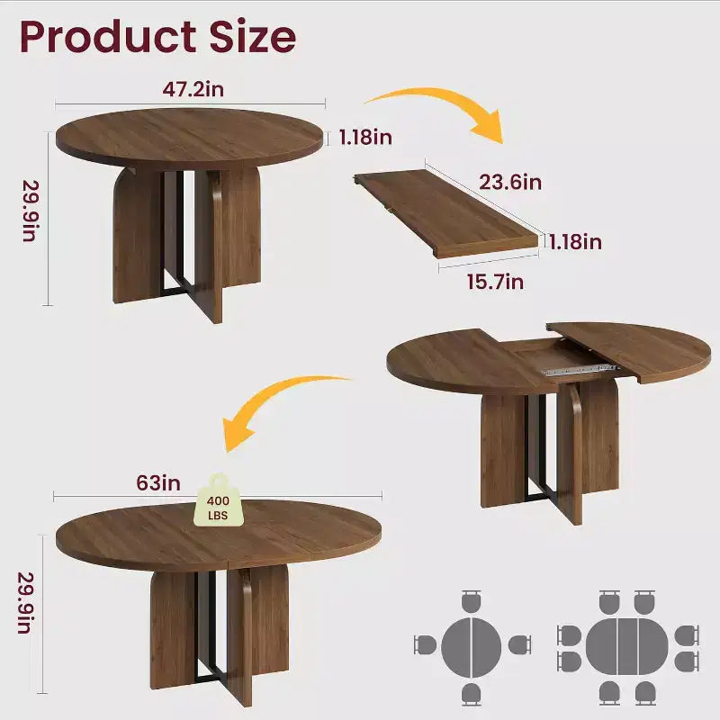 Table à manger ronde extensible 47-63 pour 4-8 personnes, table de cuisine en bois de style rustique avec pieds plus larges et support métallique pour appartements