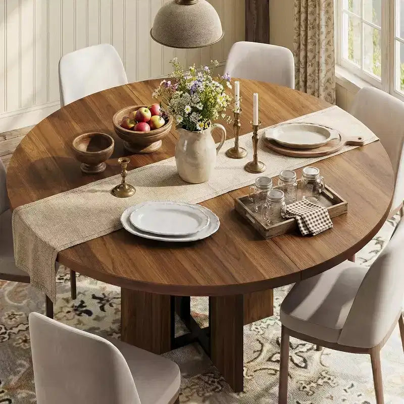 Table à manger ronde extensible 47-63 pour 4-8 personnes, table de cuisine en bois de style rustique avec pieds plus larges et support métallique pour appartements