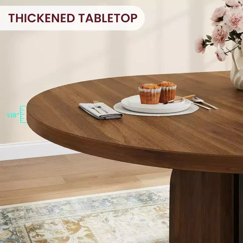 Table à manger ronde extensible 47-63 pour 4-8 personnes, table de cuisine en bois de style rustique avec pieds plus larges et support métallique pour appartements