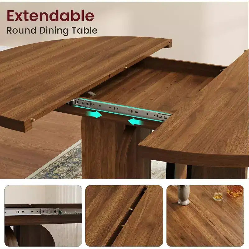 Table à manger ronde extensible 47-63 pour 4-8 personnes, table de cuisine en bois de style rustique avec pieds plus larges et support métallique pour appartements
