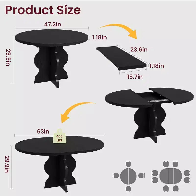 Table à manger ronde extensible 47-63 pour 4-8 personnes, table de cuisine en bois de style rustique avec pieds plus larges et support métallique pour appartements