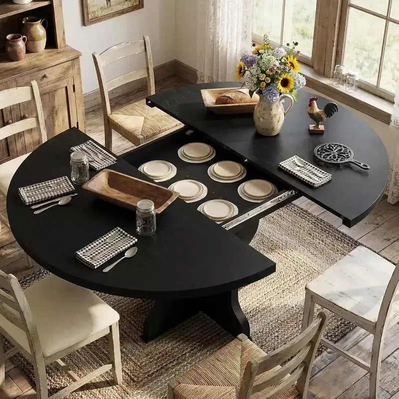 Table à manger ronde extensible 47-63 pour 4-8 personnes, table de cuisine en bois de style rustique avec pieds plus larges et support métallique pour appartements