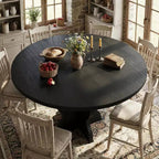 Table à manger ronde extensible 47-63 pour 4-8 personnes, table de cuisine en bois de style rustique avec pieds plus larges et support métallique pour appartements