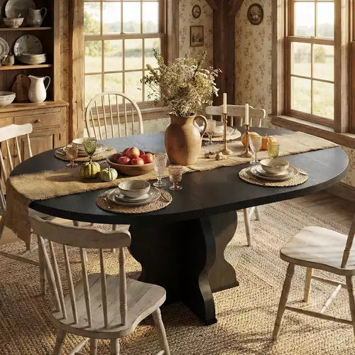 47-63 Extendable Round Dining Table for 4-8, Farmhouse Wood Kitchen Table with Wider Legs & Metal Support for Apartments