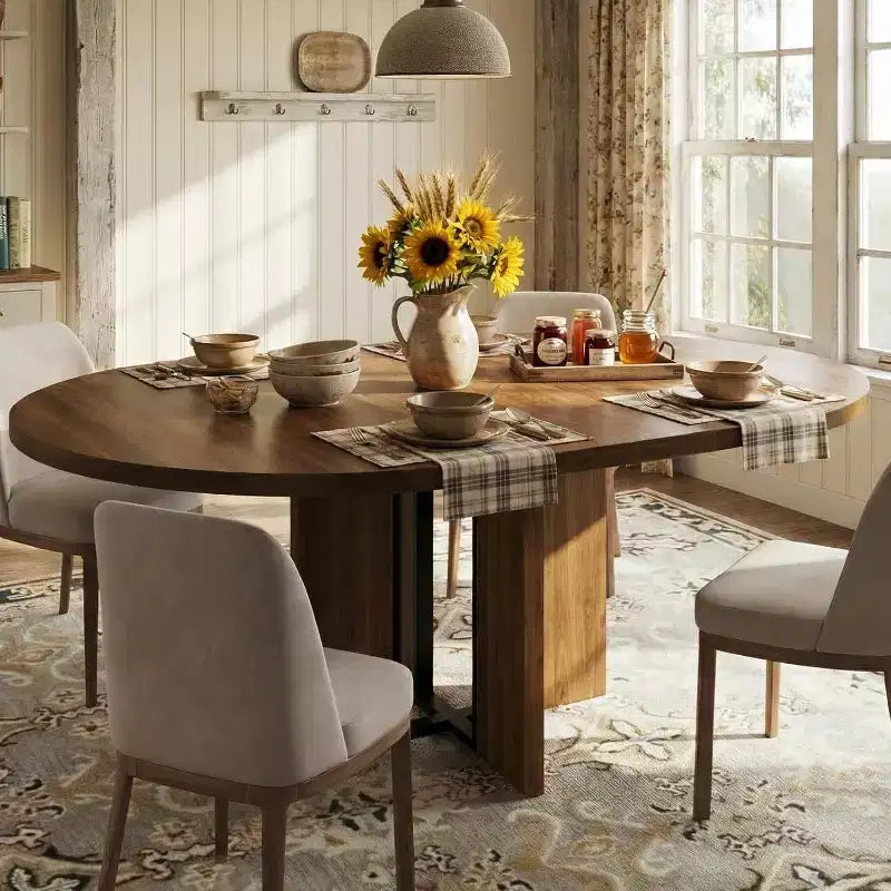 Table à manger ronde extensible 47-63 pour 4-8 personnes, table de cuisine en bois de style rustique avec pieds plus larges et support métallique pour appartements