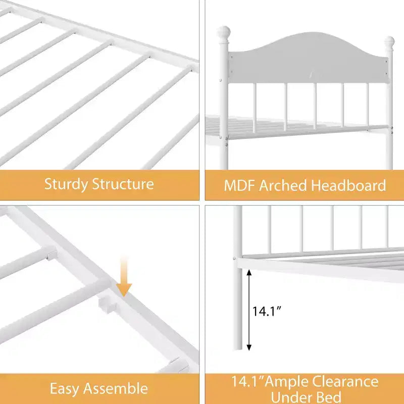 Lit de repos double robuste avec rangement dissimulé, capacité de 158 kg, cadre en métal, tête de lit garnie de bois, aucun sommier tapissier requis