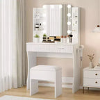 Coiffeuse avec miroir, coiffeuse avec prise de courant, 2 tiroirs, 6 étagères, support pour sèche-cheveux et tabouret, meubles de coiffeuse modernes pour chambre à coucher.