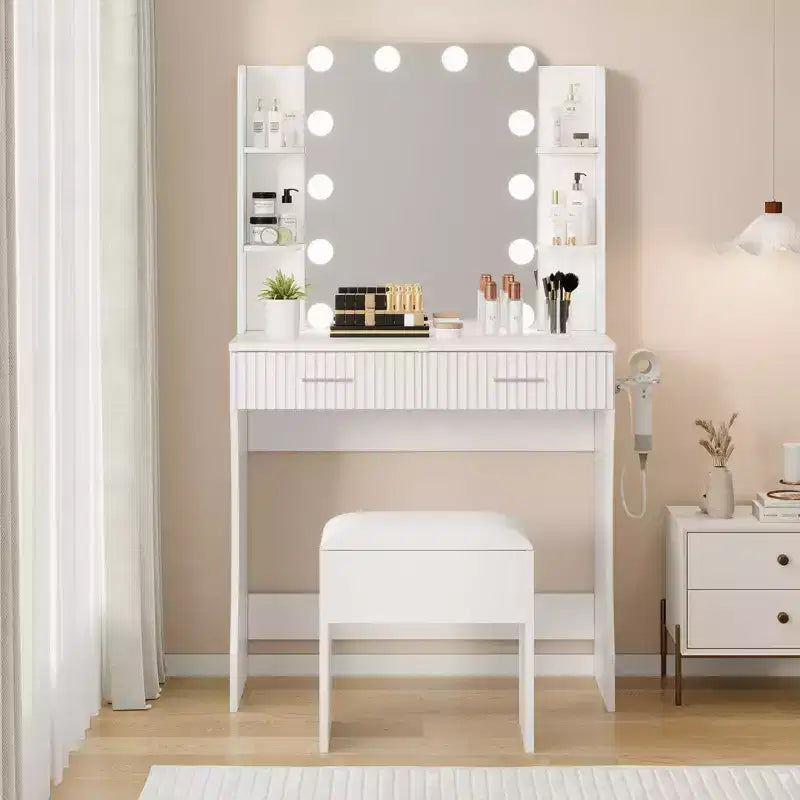 Coiffeuse avec miroir, coiffeuse avec prise de courant, 2 tiroirs, 6 étagères, support pour sèche-cheveux et tabouret, meubles de coiffeuse modernes pour chambre à coucher.