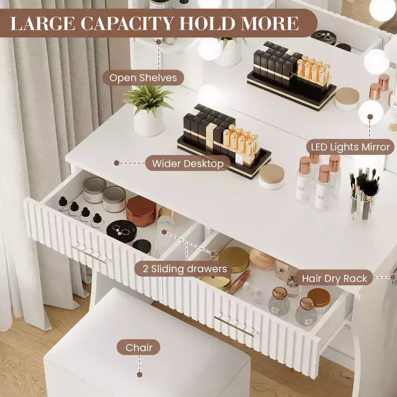 Coiffeuse avec miroir, coiffeuse avec prise de courant, 2 tiroirs, 6 étagères, support pour sèche-cheveux et tabouret, meubles de coiffeuse modernes pour chambre à coucher.