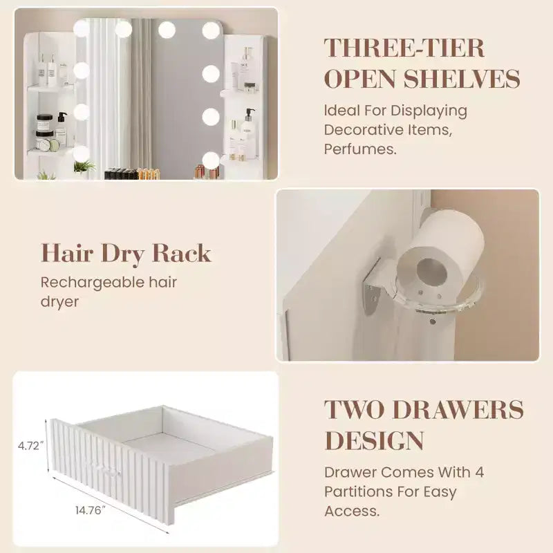 Coiffeuse avec miroir, coiffeuse avec prise de courant, 2 tiroirs, 6 étagères, support pour sèche-cheveux et tabouret, meubles de coiffeuse modernes pour chambre à coucher.