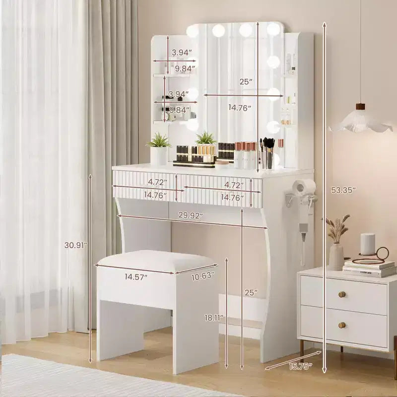 Coiffeuse avec miroir, coiffeuse avec prise de courant, 2 tiroirs, 6 étagères, support pour sèche-cheveux et tabouret, meubles de coiffeuse modernes pour chambre à coucher.