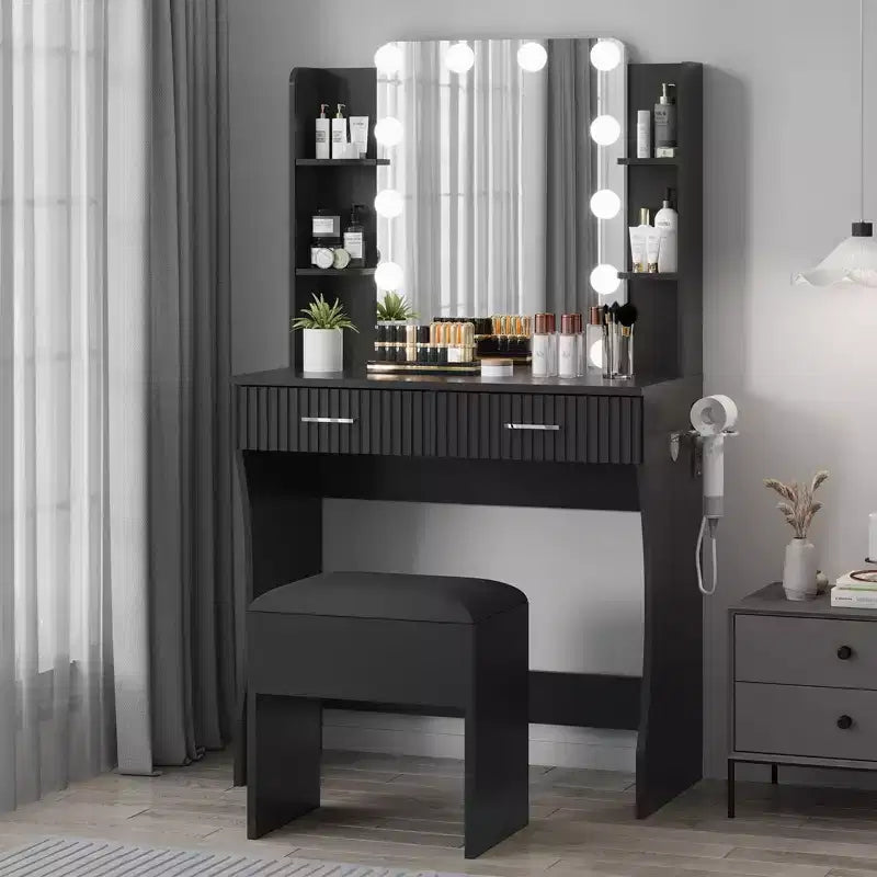 Coiffeuse avec miroir, coiffeuse avec prise de courant, 2 tiroirs, 6 étagères, support pour sèche-cheveux et tabouret, meubles de coiffeuse modernes pour chambre à coucher.
