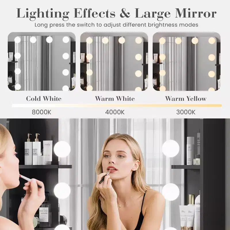 Coiffeuse avec miroir, coiffeuse avec prise de courant, 2 tiroirs, 6 étagères, support pour sèche-cheveux et tabouret, meubles de coiffeuse modernes pour chambre à coucher.