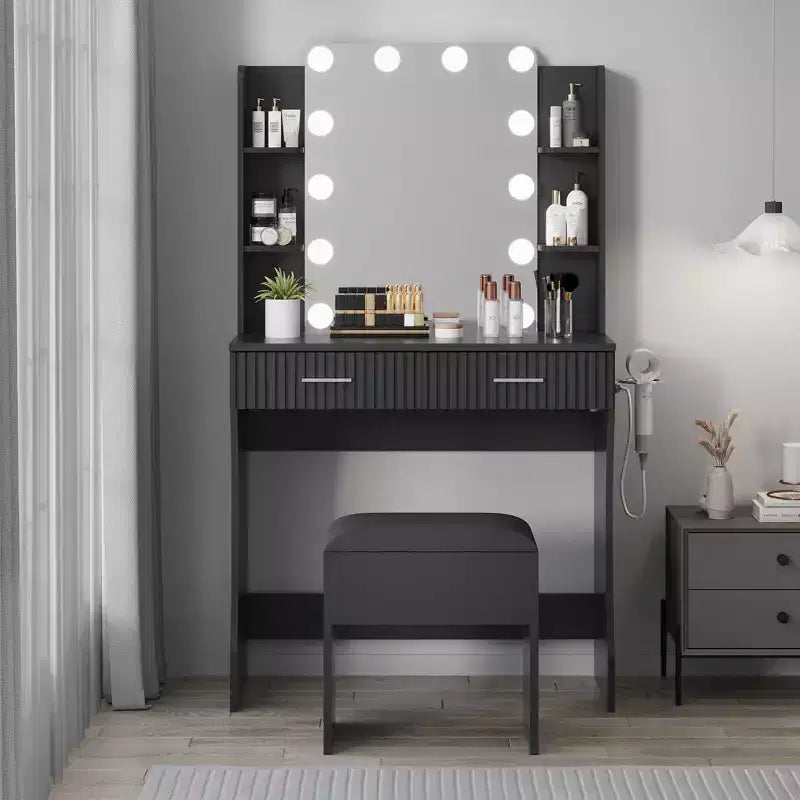 Coiffeuse avec miroir, coiffeuse avec prise de courant, 2 tiroirs, 6 étagères, support pour sèche-cheveux et tabouret, meubles de coiffeuse modernes pour chambre à coucher.