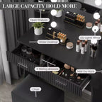 Coiffeuse avec miroir, coiffeuse avec prise de courant, 2 tiroirs, 6 étagères, support pour sèche-cheveux et tabouret, meubles de coiffeuse modernes pour chambre à coucher.