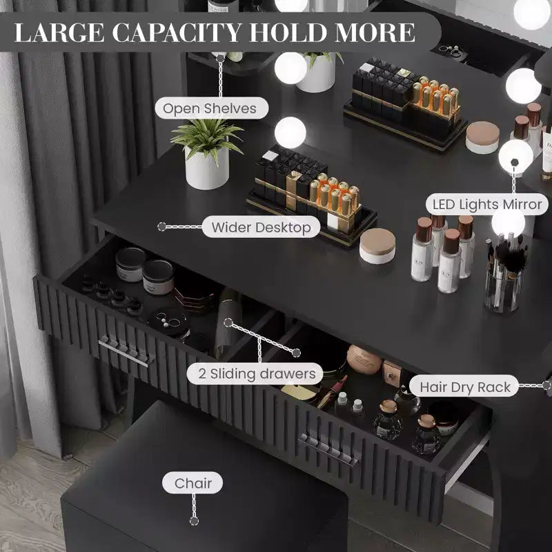 Coiffeuse avec miroir, coiffeuse avec prise de courant, 2 tiroirs, 6 étagères, support pour sèche-cheveux et tabouret, meubles de coiffeuse modernes pour chambre à coucher.