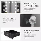 Coiffeuse avec miroir, coiffeuse avec prise de courant, 2 tiroirs, 6 étagères, support pour sèche-cheveux et tabouret, meubles de coiffeuse modernes pour chambre à coucher.