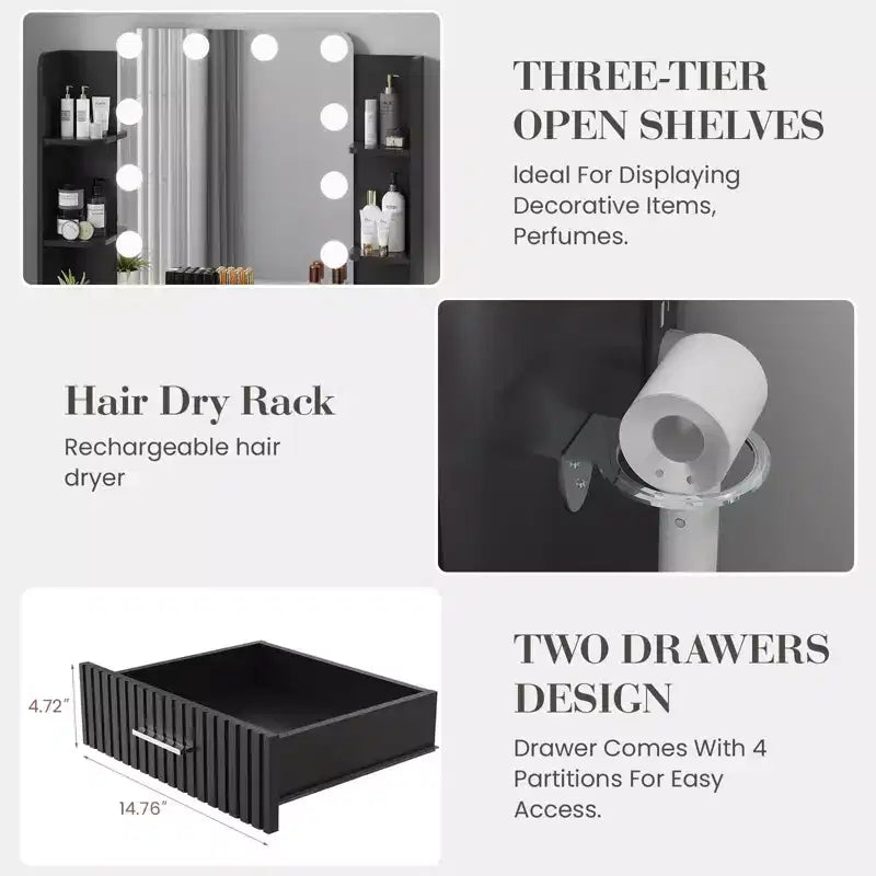 Coiffeuse avec miroir, coiffeuse avec prise de courant, 2 tiroirs, 6 étagères, support pour sèche-cheveux et tabouret, meubles de coiffeuse modernes pour chambre à coucher.