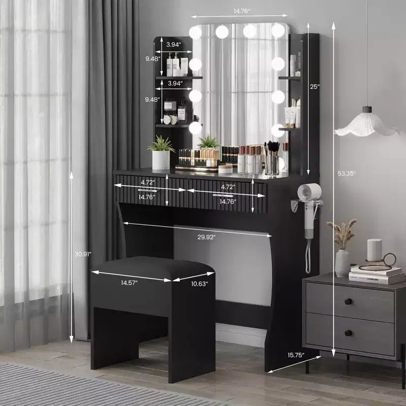 Coiffeuse avec miroir, coiffeuse avec prise de courant, 2 tiroirs, 6 étagères, support pour sèche-cheveux et tabouret, meubles de coiffeuse modernes pour chambre à coucher.