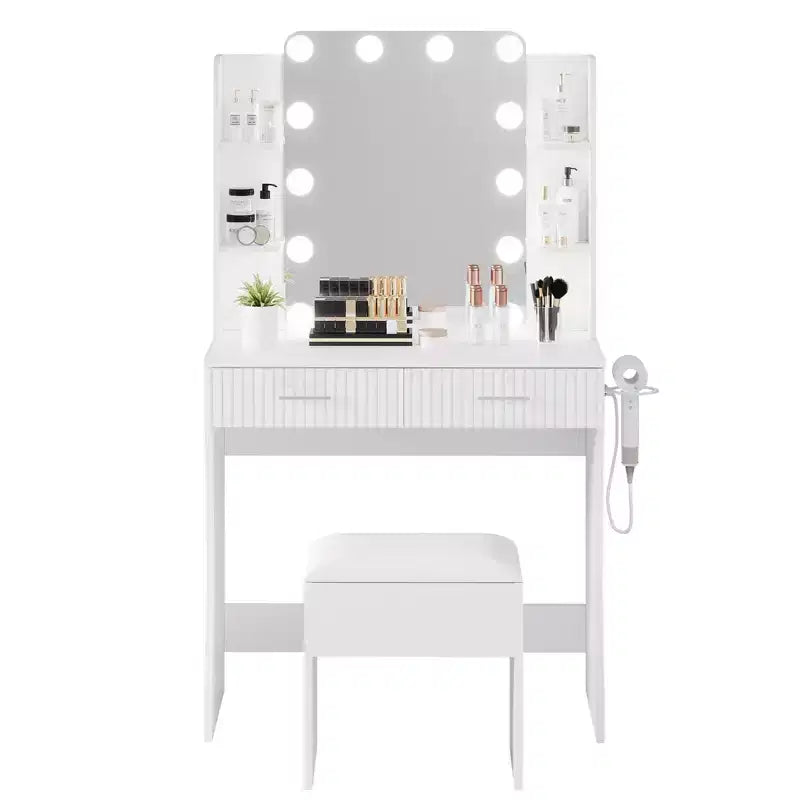 Coiffeuse avec miroir, coiffeuse avec prise de courant, 2 tiroirs, 6 étagères, support pour sèche-cheveux et tabouret, meubles de coiffeuse modernes pour chambre à coucher.