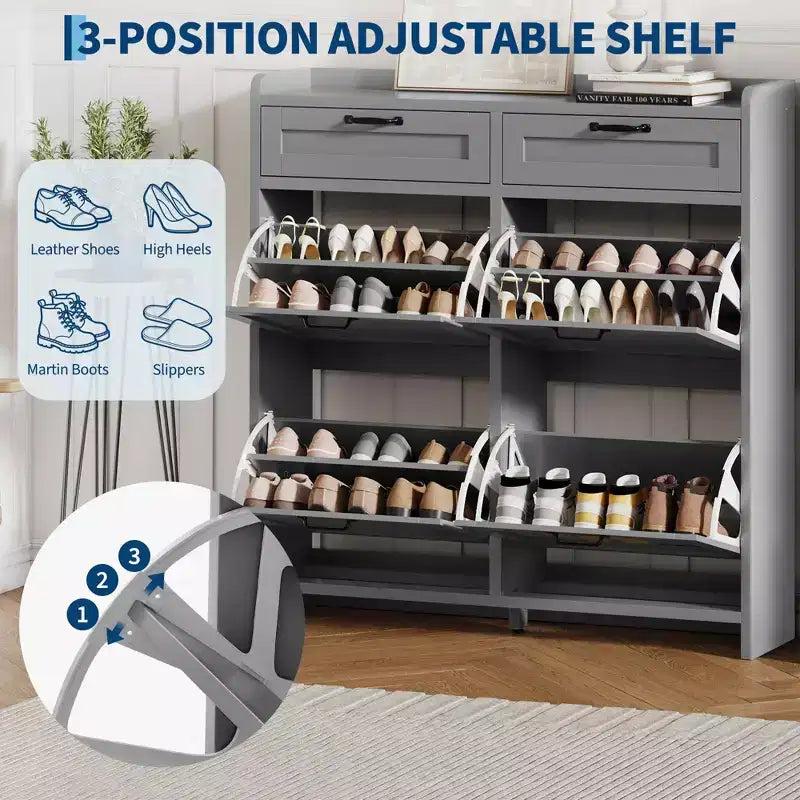 Meuble à chaussures, Meuble de rangement pour chaussures 4 tiroirs basculants et 2 tiroirs supérieurs, Organisateur en bois avec étagère réglable, Rangement dissimulé autoportant