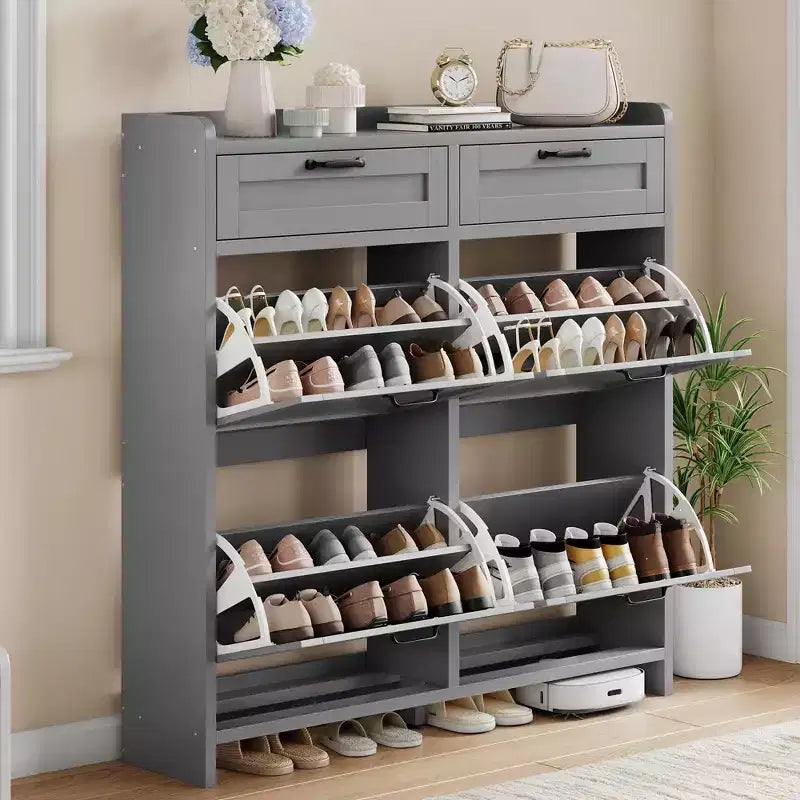 Meuble à chaussures, Meuble de rangement pour chaussures 4 tiroirs basculants et 2 tiroirs supérieurs, Organisateur en bois avec étagère réglable, Rangement dissimulé autoportant