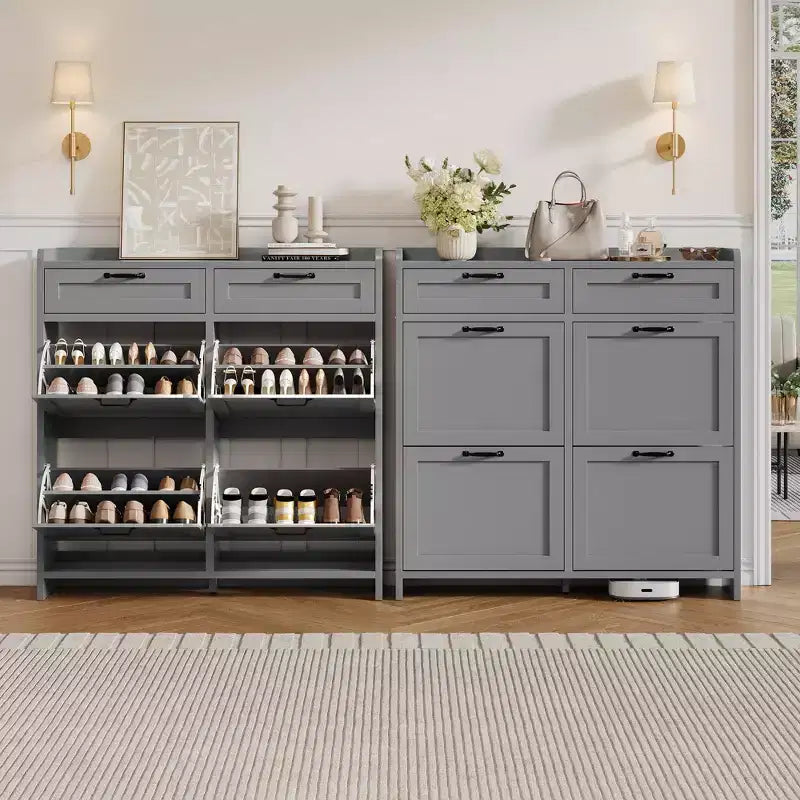 Meuble à chaussures, Meuble de rangement pour chaussures 4 tiroirs basculants et 2 tiroirs supérieurs, Organisateur en bois avec étagère réglable, Rangement dissimulé autoportant
