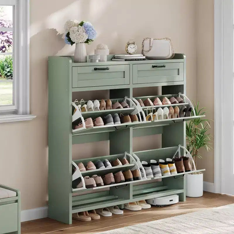 Meuble à chaussures, Meuble de rangement pour chaussures 4 tiroirs basculants et 2 tiroirs supérieurs, Organisateur en bois avec étagère réglable, Rangement dissimulé autoportant