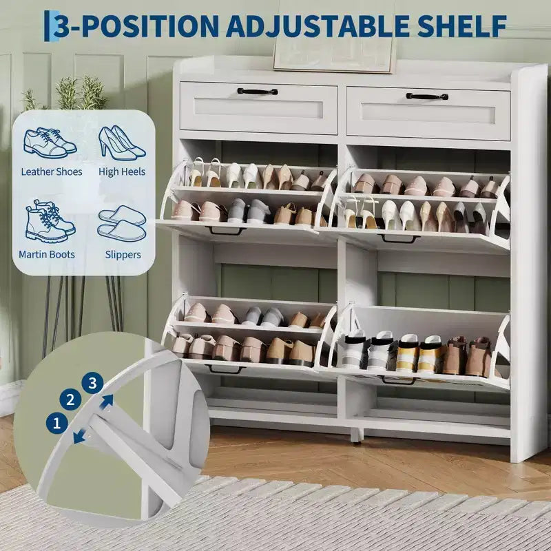 Meuble à chaussures, Meuble de rangement pour chaussures 4 tiroirs basculants et 2 tiroirs supérieurs, Organisateur en bois avec étagère réglable, Rangement dissimulé autoportant