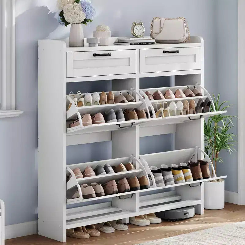 Meuble à chaussures, Meuble de rangement pour chaussures 4 tiroirs basculants et 2 tiroirs supérieurs, Organisateur en bois avec étagère réglable, Rangement dissimulé autoportant