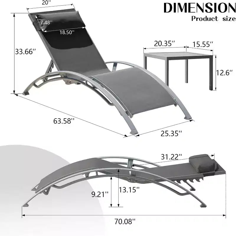 Ensemble de 3 chaises longues de piscine avec 2 chaises réglables et 1 table d'appoint