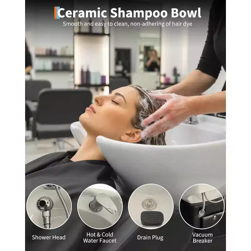 Ensemble lavabo et fauteuil de shampoing, station de lavage de cheveux capacité 450 lb, lavabo en céramique avec repose-pieds