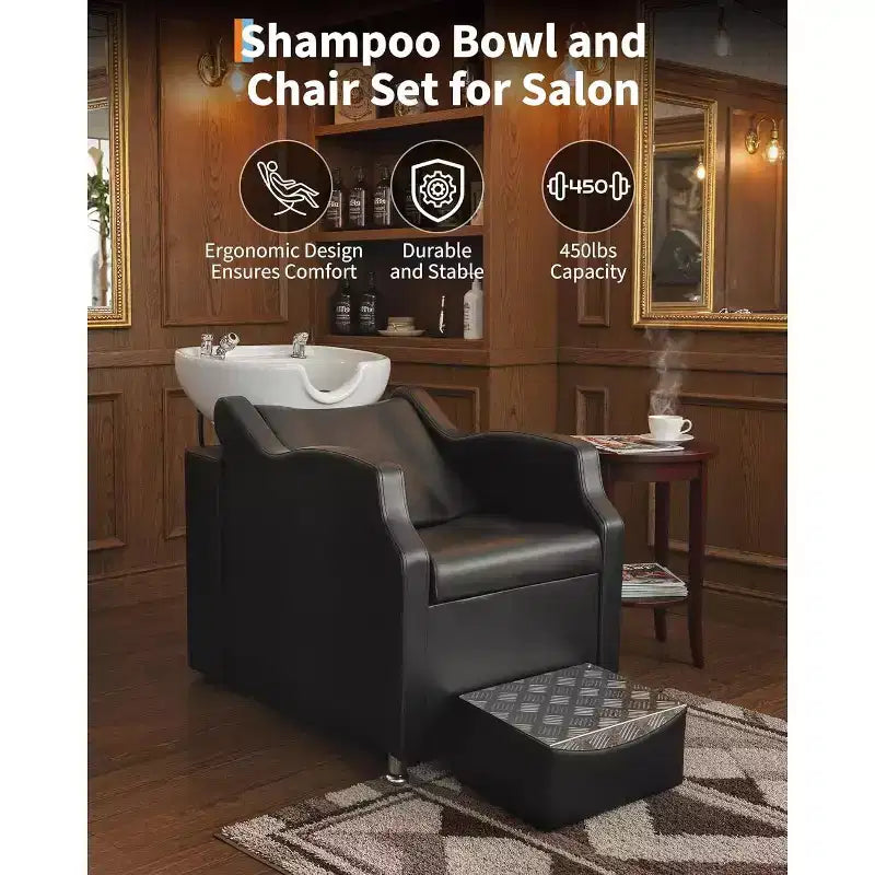 Ensemble lavabo et fauteuil de shampoing, station de lavage de cheveux capacité 450 lb, lavabo en céramique avec repose-pieds