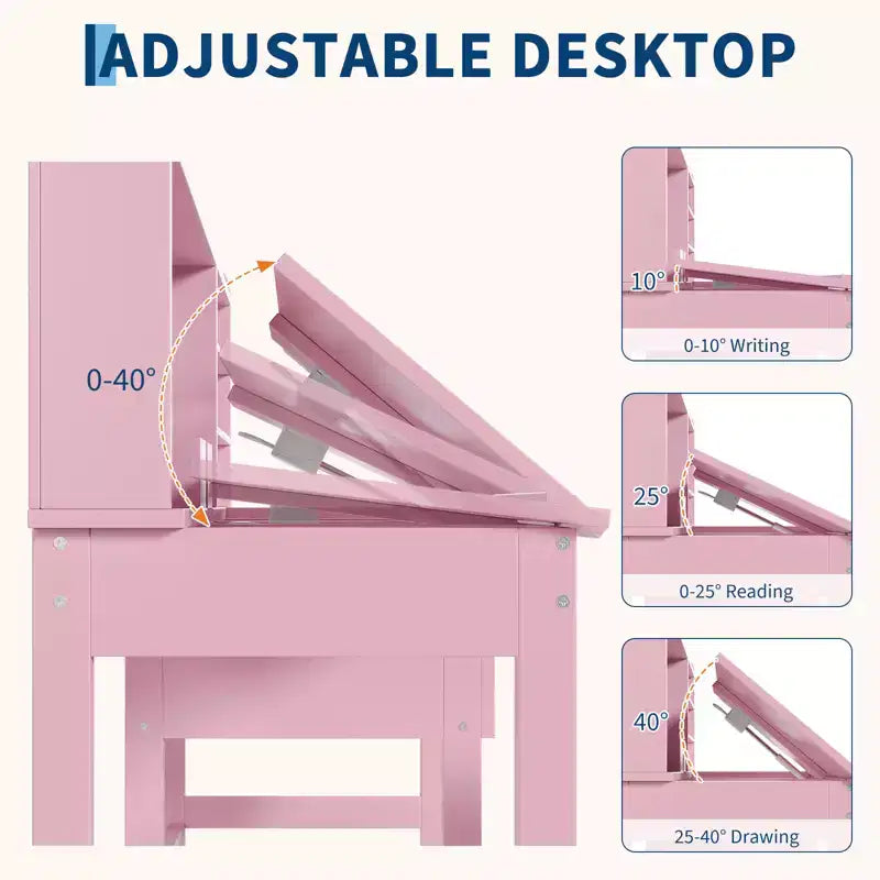 Ensemble bureau et chaise pour enfant, table d'étude en bois avec plateau inclinable réglable, tiroirs