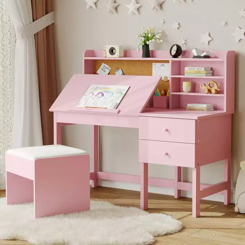 Ensemble bureau et chaise pour enfant, table d'étude en bois avec plateau inclinable réglable, tiroirs