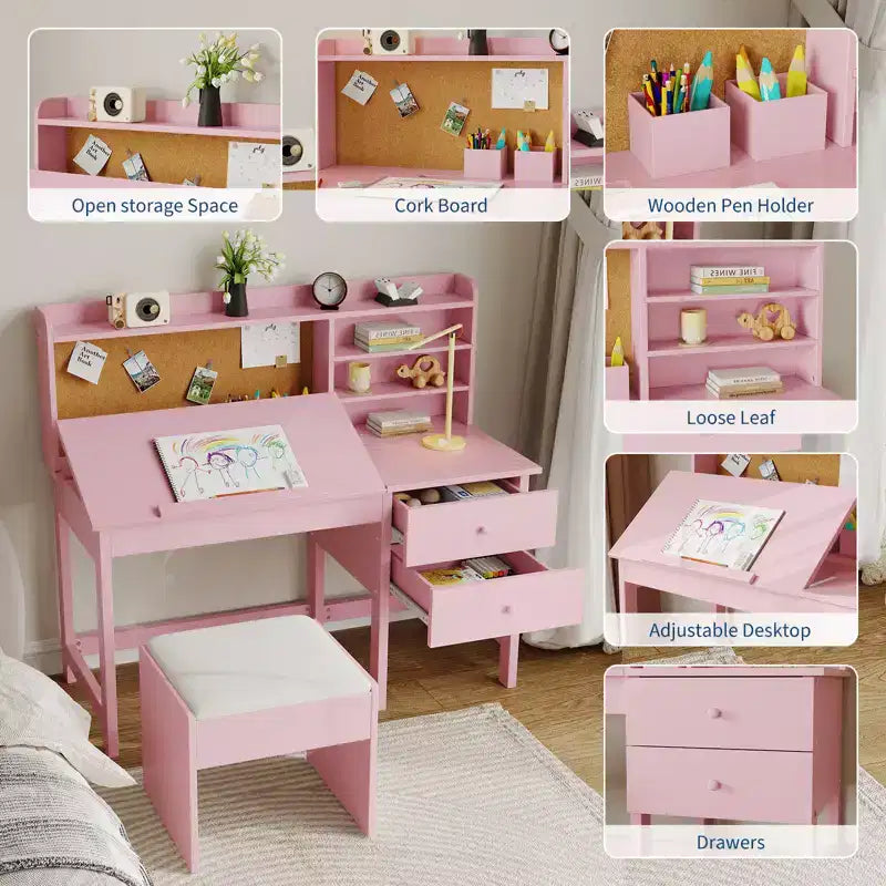 Ensemble bureau et chaise pour enfant, table d'étude en bois avec plateau inclinable réglable, tiroirs